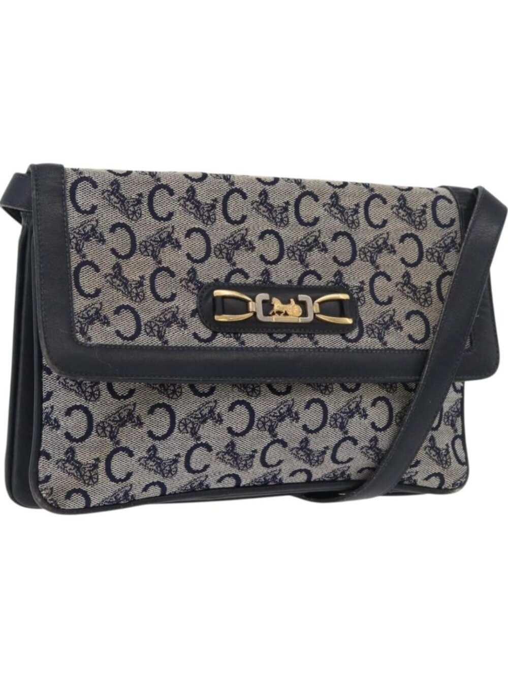 CELINE C Sulky Shoulder Bag Canvas Navy Gold
